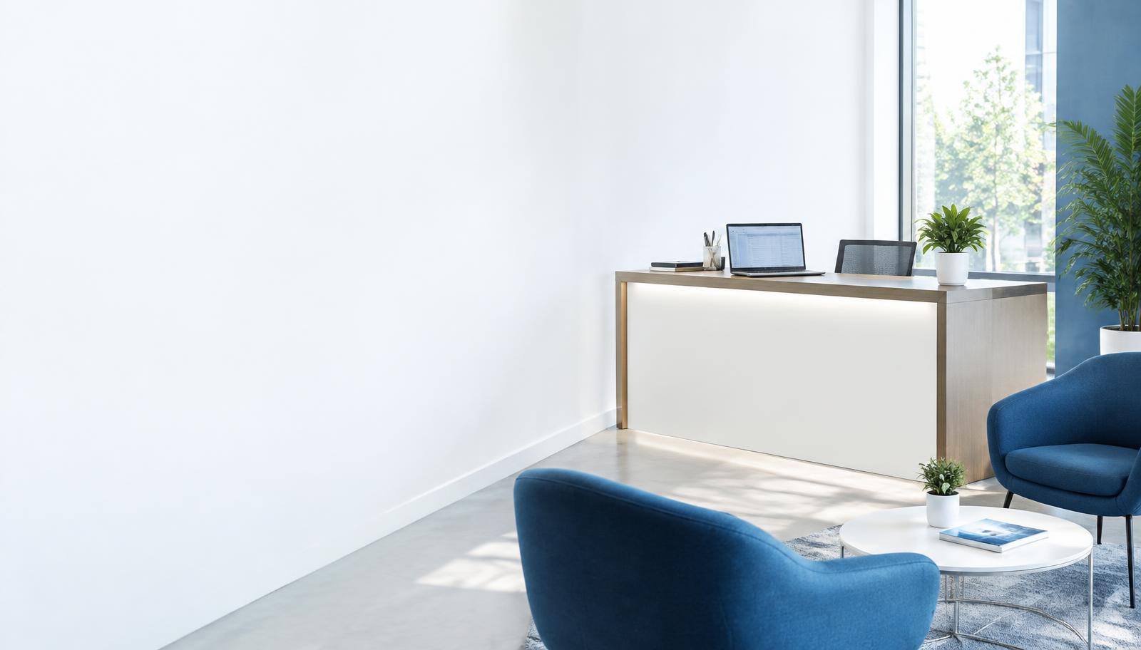 A bright service-business reception with a client desk
